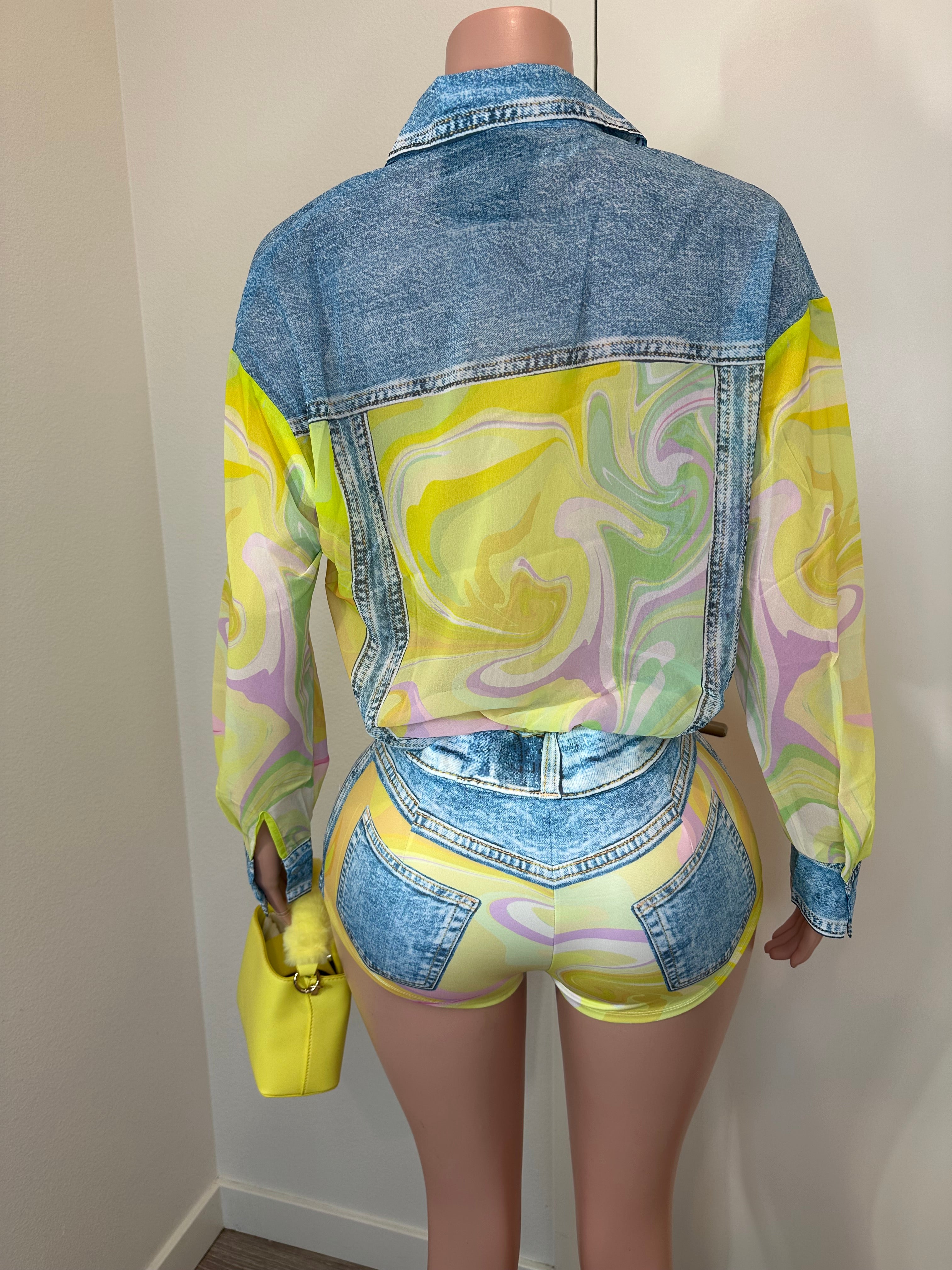 WHIMSICAL FAUX DENIM ROMPER