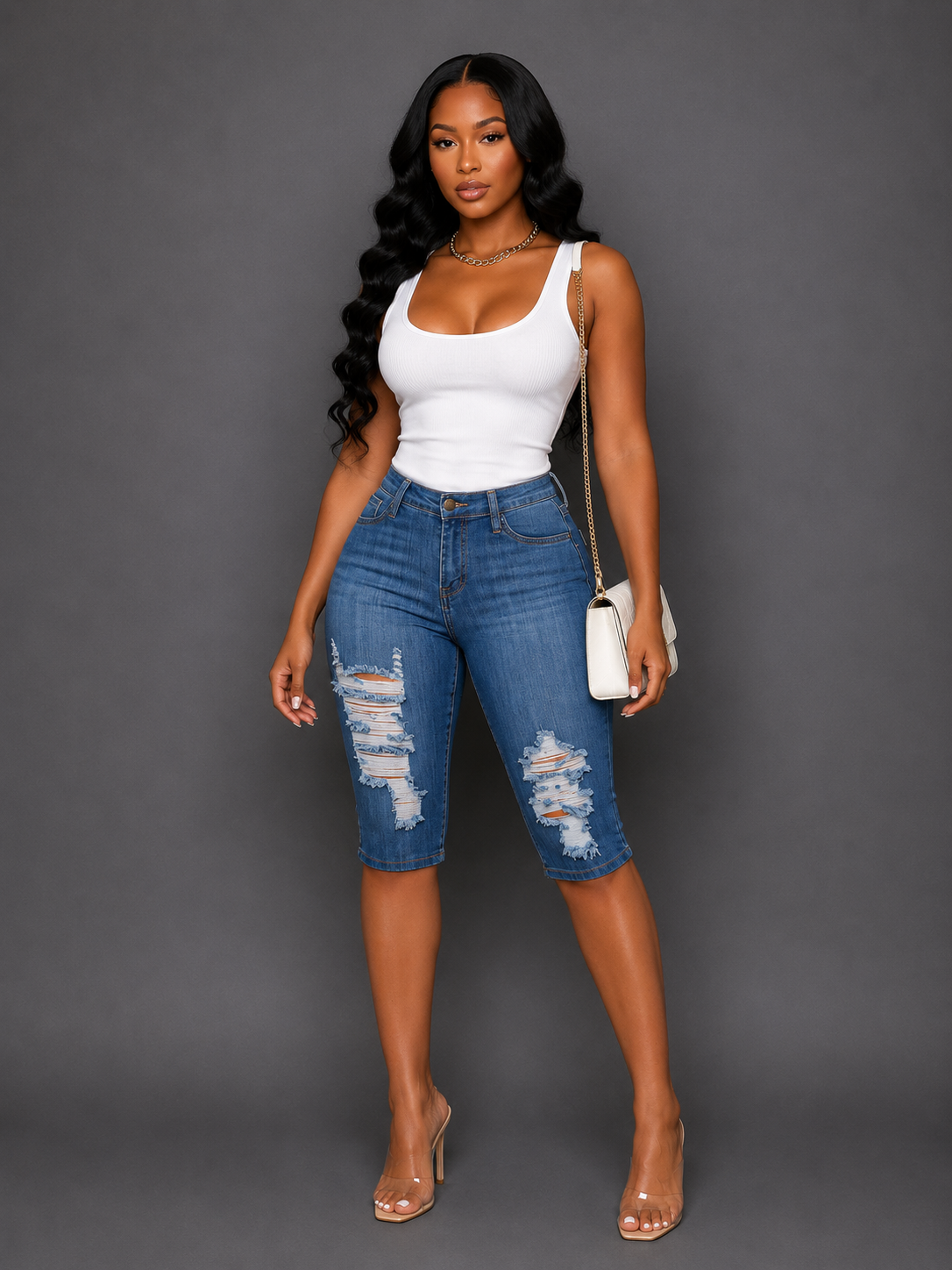 ELEVATED DISTRESSED DENIM CAPRI