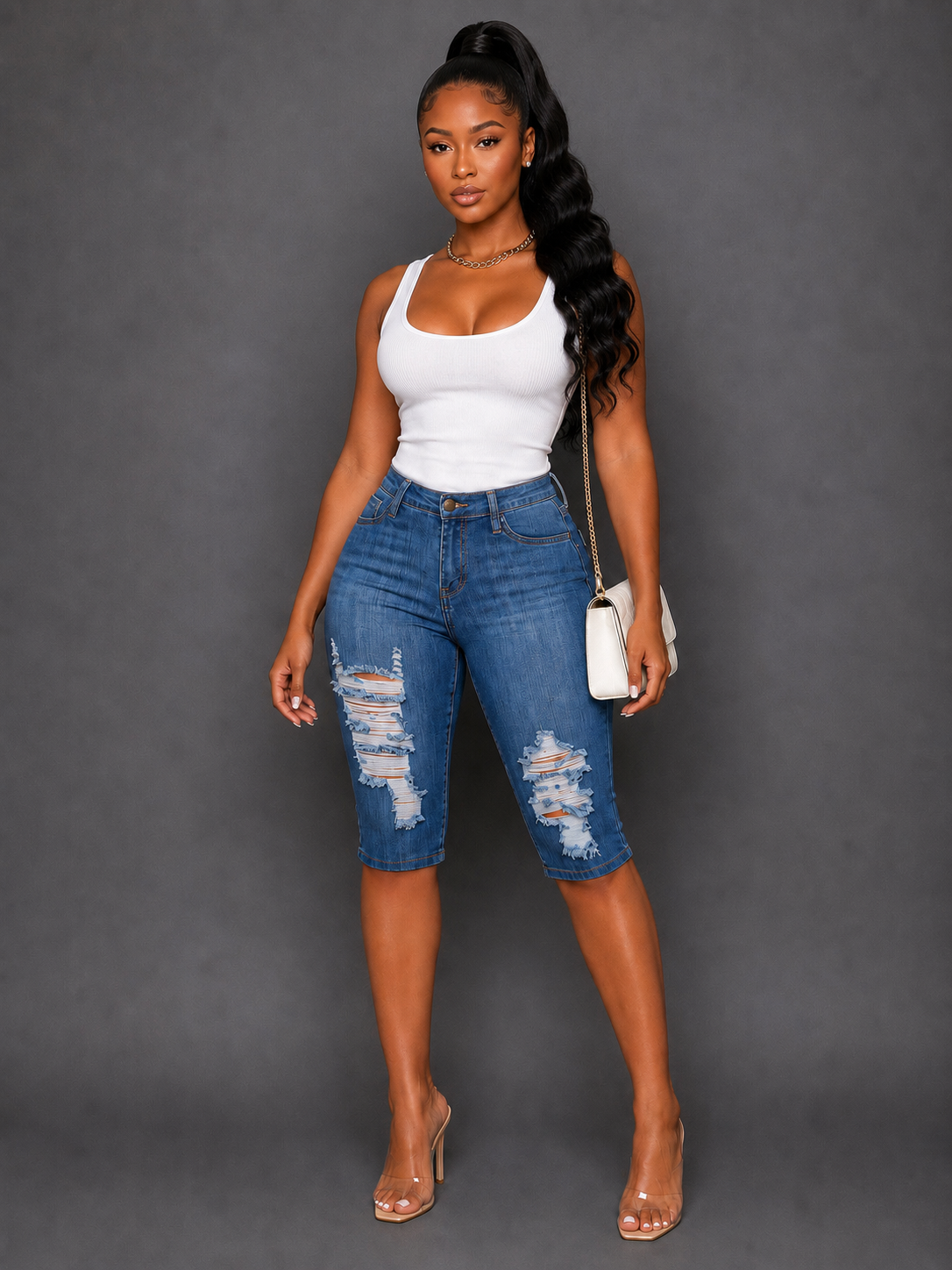 ELEVATED DISTRESSED DENIM CAPRI